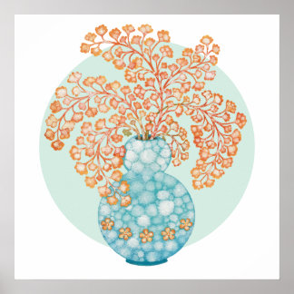 Poster Vase d'eau turquoise Feuille ocre jaune