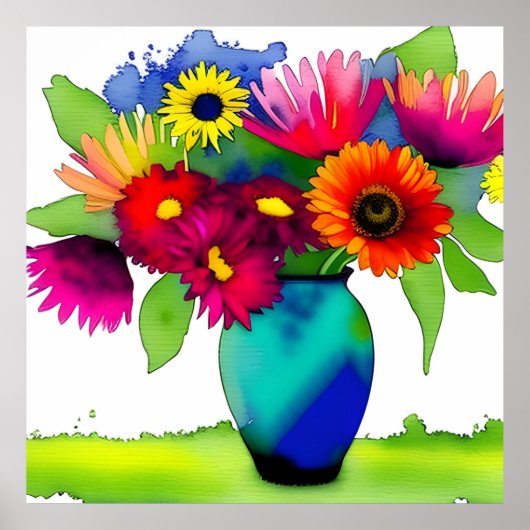 Poster Vase et fleurs à l'aquarelle vibrant (Devant)