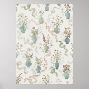 Poster Vases de fleurs sauvages pastel motif ruban fluide