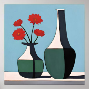 Poster Vases noirs et blancs avec fleurs rouges