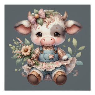 Poster Veau Kawaii Farmcore en Robe Florale Vintage
