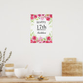 Poster Végétation florale rose Blanc Joyeux anniversaire (Cuisine)