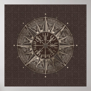 Poster Vegvisir - Viking Compass - Brown Leather and gold