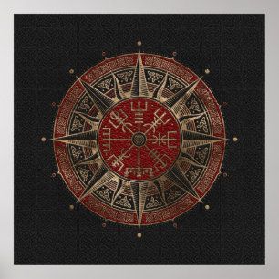 Poster Vegvisir - Viking Compass - Cuir noir et rouge
