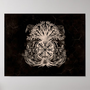 Poster Vegvisir -Yggdrasil With Ravens & Wolves
