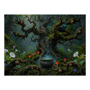 Poster Veilleurs dans Bois de Sorcière Chaton Chaudron Su