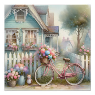 Poster Vélo à fleurs roses à la porte du cottage bleu