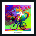 Poster Vélo Abstrait Pop Art Cat Riding<br><div class="desc">Cette image montre un chat à vélo, capturé dans une pose dynamique et ludique. Le chat est positionné droit sur le siège du vélo, tenant les guidons d'une patte, tandis que son autre patte semble équilibrer le vélo. La fourrure du chat est dépeinte avec une variété de couleurs vives, créant...</div>