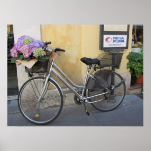 Poster Vélo avec panier d'hortensias