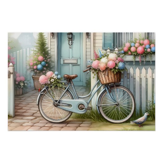 Poster Vélo de chalet bleu avec panier à fleurs de printe (Devant)