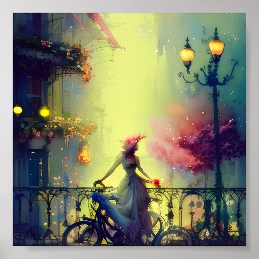 Poster Vélo et femme victorienne de l'aquarelle (Devant)