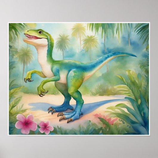 Poster Velociraptor Aquarelle Dinosaur Nursery Art (Devant)