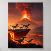 Poster Velociraptor's avec un volcan ébranlant (Devant)