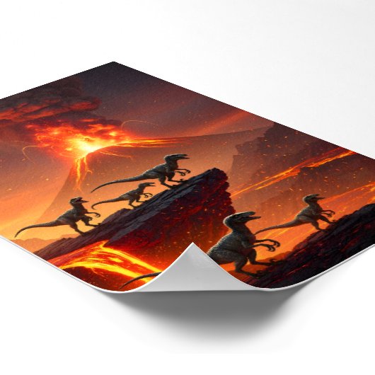 Poster Velociraptor's avec un volcan ébranlant (Coin)