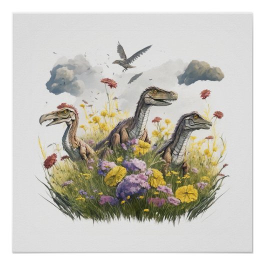 Poster Velociraptors dans une prairie (Devant)