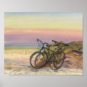 Poster Vélos au bord de la mer au coucher du soleil aquar