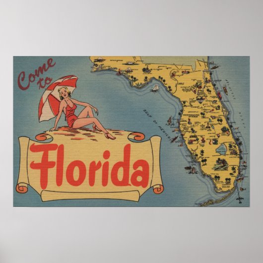 Poster Venez en Floride Carte de l'État, Pin-Up Girl (Devant)