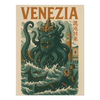 Poster Venice Sea Monster Attack - Vintage Kaiju Travel