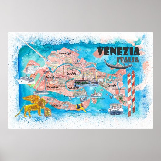 Poster Venise Italie Carte illustrée avec les principaux  (Devant)