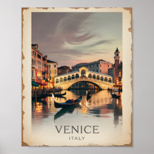 Poster Venise Italie Pont Rialto Vintage Crépuscule Rusti
