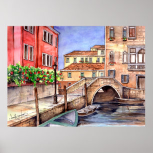 Poster Venise Italie Stylo et lave aquarelle