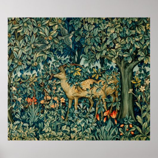 Poster VERDURE, ANIMAUX FORESTIERS, DOES, OISEAUX Floral (Devant)