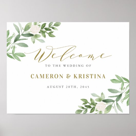 Poster Verdure et blanc Floral Mariage or Bienvenue (Devant)