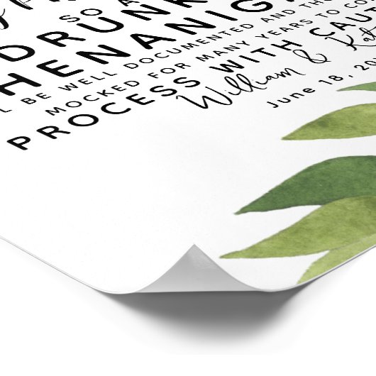 Poster verdure feuillage Open Bar signe mariage (Coin)