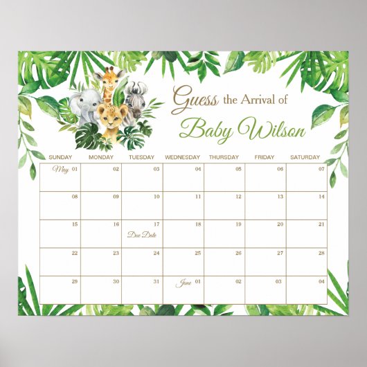 Poster Verdure Jungle Animaux Guess Baby's date d'échéanc (Devant)