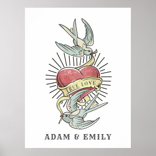 Poster Véritable Amour | Oiseaux de tatouage Vintages ave (Devant)