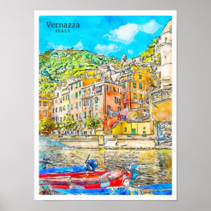 Poster Vernazza Italie vin voyage aquarelle