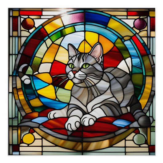 Poster Verre coloré chat tigré gris (Devant)