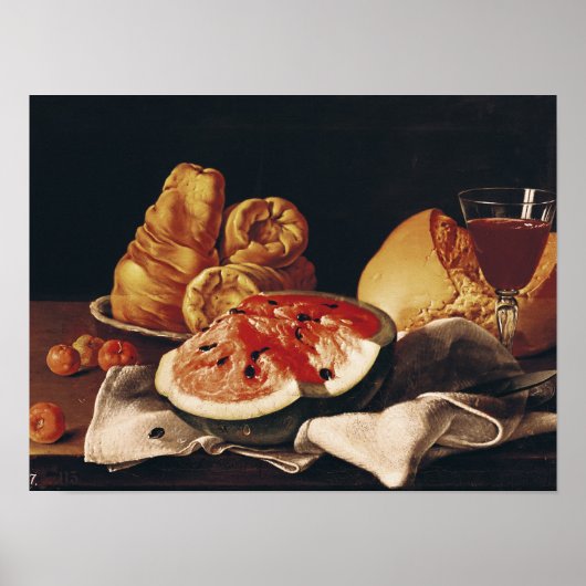 Poster Verre de vin, pastèque et pain (Devant)