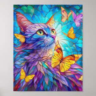 Poster Verre tendu Chat 730 papillons bleus jaunes