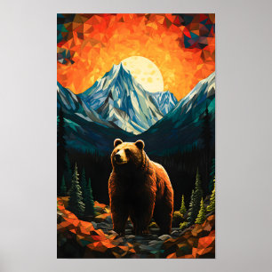 Poster Verre tendu Faune Montagne Ours couché de soleil