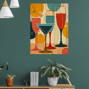 Poster Verres à vin et à cocktail à tige fine, design rét