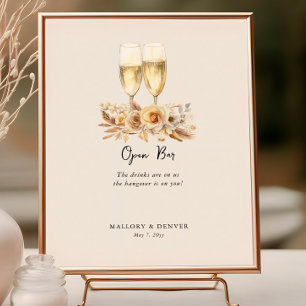 Poster Verres à vin et fleurs neutres de mariage Bar ouve
