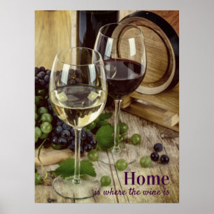 Poster Verres à vin rouge et blanc rustiques Raisins Fût
