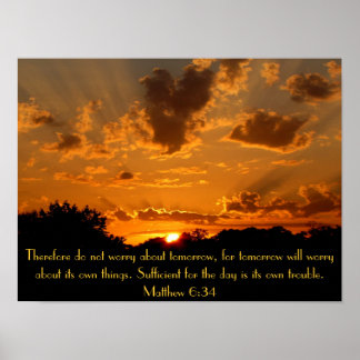 Poster vers de la bible couché de soleil Matthieu 6:34