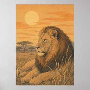 Poster Vers le soleil IV — Lion au coucher du soleil