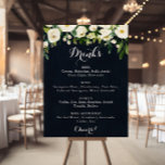 Poster Vert Blanc Floral Bleu Mariage Boissons Menu Signe<br><div class="desc">Ce panneau de menu de boissons vert blanc fleuri et bleu mariage est parfait pour un mariage rustique. Le design est composé d'élégantes pivoines blanches aquarelles avec feuillage vert dans un arrière - plan bleu foncé.</div>