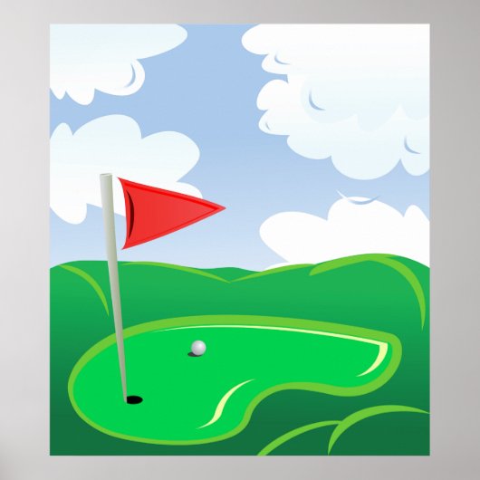 Poster Vert de golf avec drapeau rouge et balle (Devant)