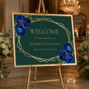 Poster Vert émeraude bleu royal floral mariage Bienvenue
