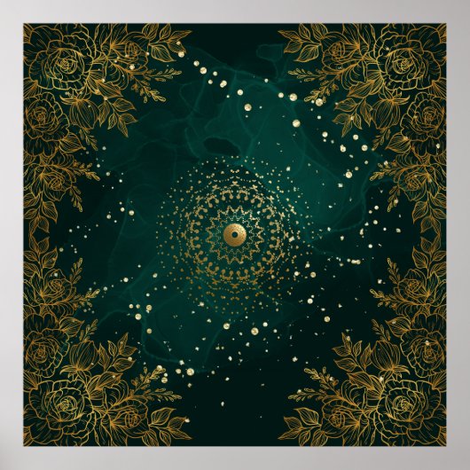 Poster Vert et or Orné fleuri fleuri (Devant)