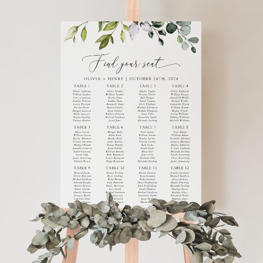 Poster Vert, Eucalyptus Feuilles, Mariage Seating Chart