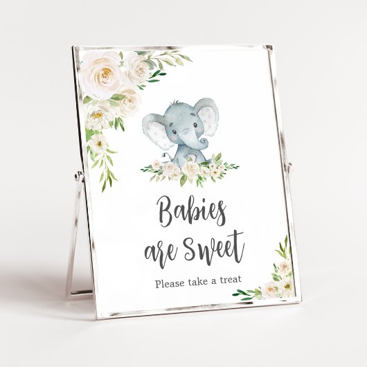 Poster Vert Floral Blanc Eléphant Bébés sont doux