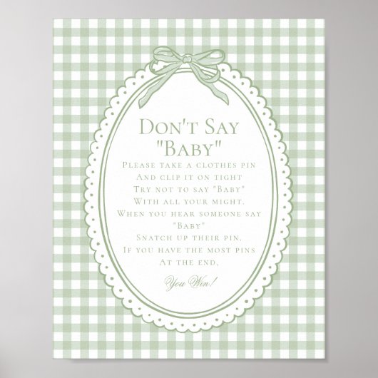 Poster Vert Gingham Coquette Nœud Ne Dis Pas Bébé Jeu (Devant)