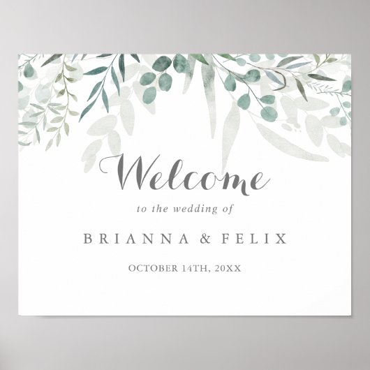 Poster Vert minimaliste Eucalyptus Accueil Mariage (Devant)