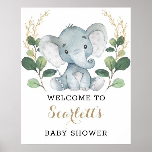 Poster Vert moderne Gold Elephant Baby shower Bienvenue (Devant)