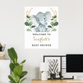 Poster Vert moderne Gold Elephant Baby shower Bienvenue (Bureau à domicile)